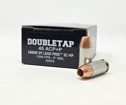 DoubleTap 45 ACP +P Ammunition Lead Free 45A160X 160 Grain Solid Copper Hollow Point 20 Rounds