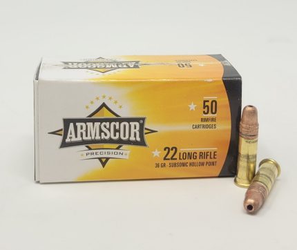 Armscor Precision 22 LR Ammunition Subsonic Velocity ARM50104 36 Grain Hollow Point 50 Rounds