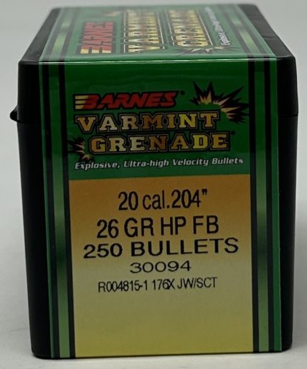 Barnes 20 Cal (.204 Dia) Reloading Bullets Varmint Grenade Copper B30094 26 Grain Frangible Hollow Point 250 Pieces