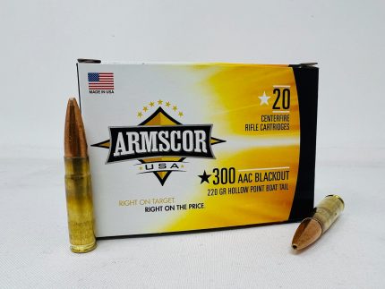 Armscor 300 AAC Blackout Ammunition ARMFAC300AAC-3N 220 Grain Hollow Point Boat Tail Subsonic 20 Rounds