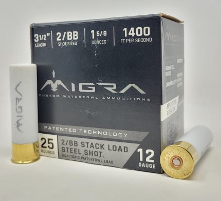 Migra 12 Gauge Ammunition Non-Toxic Waterfowl M12LS2BB 3-1/2" #2/BB Stacked Steel Shot 1-5/8oz 1400fps 25 Rounds