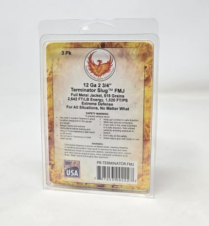 Phoenix Rising 12 Gauge Ammunition Terminator Slug PR12TERM 2-3/4" Full Metal Jacket Slug 515 Grain 1520fps 3 Rounds