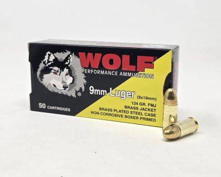 Wolf Performance 9mm Ammunition Brass Plated Steel Case WPA919WCFMJ 124 Grain Full Metal Jacket 50 Rounds